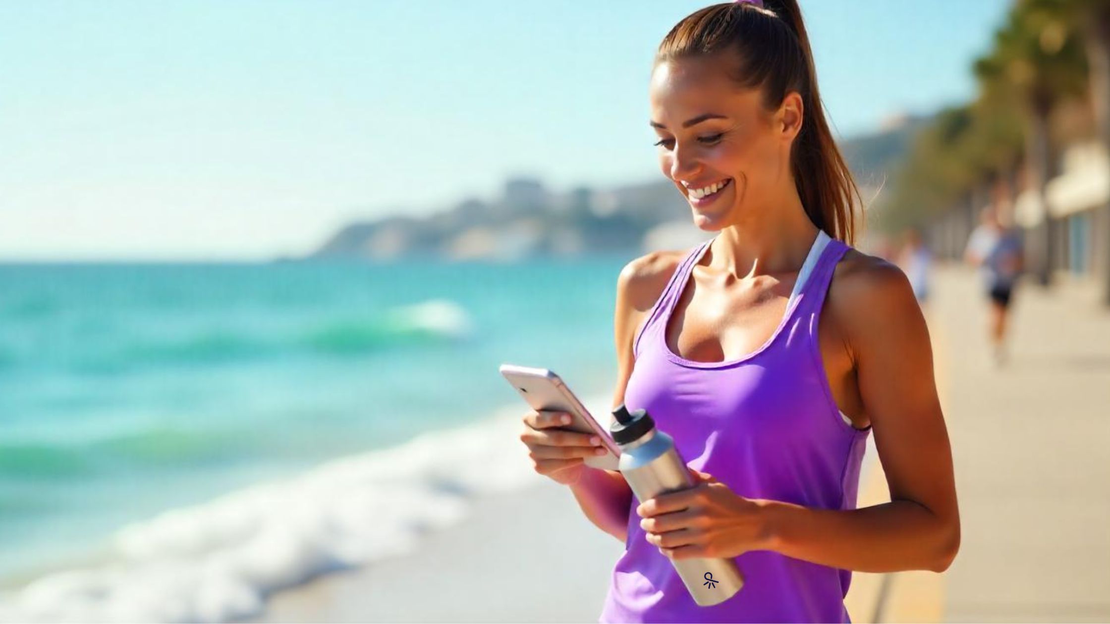 לקוחה מרוצה בבגדי ספורט סגולים משתמשת באפליקציית Easy Plan לקבלת תזכורת לשיעור במהלך ריצה על טיילת ליד הים.